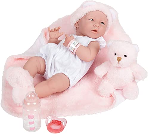 JC Toys La Newborn All-Vinyl-Anatomically Correct Real Girl 15" Baby Doll in White and Deluxe Accessories, Designed by Berenguer., Pink