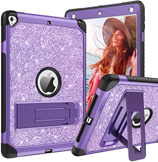 BENTOBEN Case for iPad 5th/6th Generation, iPad 9.7inch 2017/2018 Case, iPad Air 2 Case, iPad Pro 9.7 Case, Glitter Sparkle 3Layer Kickstand Hybrid Durable Leather Shockproof Protective Cover, Purple