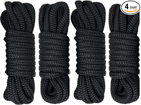 Rainier Supply Co Dock Lines - 4 Pack 15' Premium Double Braided Nylon Dock Line/Mooring Lines with 12" Eyelet - Boat Accessories - Black