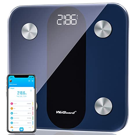 Body Fat Scale, WeGuard Bluetooth Digital Bathroom Scale with Heart Rate Tracking High-precision BMI Smart Scale, Fitness Body Composition Analyzes with Smartphone App, 15 Measurements, 396lbs - Black