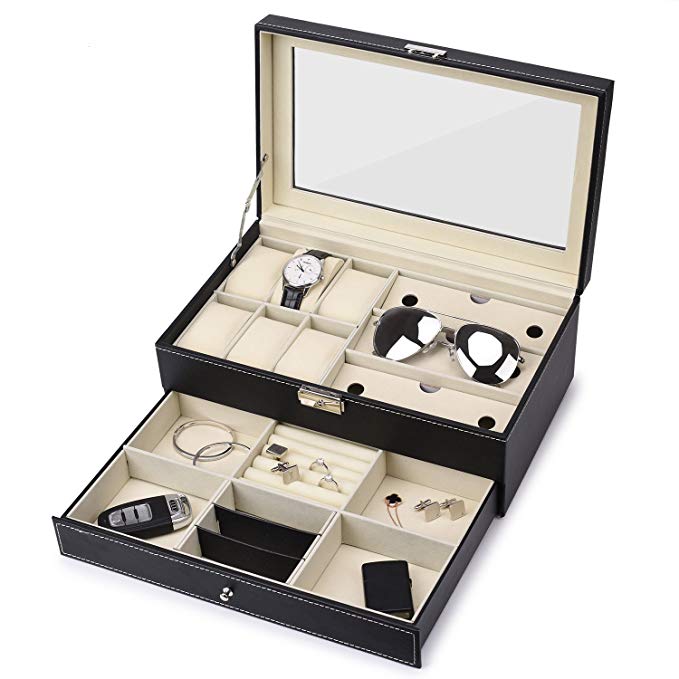 JS NOVA JUNS 6 Slots Watch Box Jewelry Organizer Lockable Sunglass Display Case with Black Faux Leather