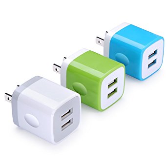 Wall Charger Port, FiveBox 3-Pack Dual USB Wall Charger Brick Block Portable Travel Adapter Box Charging Plug Cube for iPhone 7, Samsung Galaxy S8/S7/S6 Edge, Note4/5, Android, HTC, Google, Nokia, LG