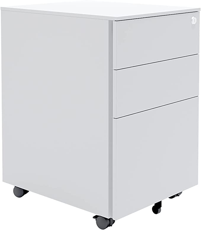 Vari Essential File Cabinet - Three Drawer Filing Cabinet for Home Office Storage - Letter or Legal Size Files with Rolling Casters - Locking Top Drawer (White)