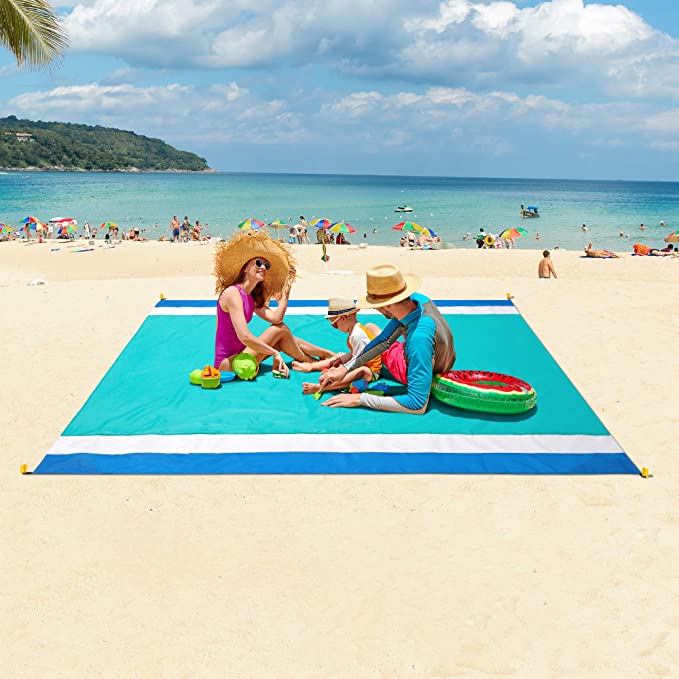 WIWIGO Sandproof Beach Blanket, Oversized Sand Free Beach Mat 79" X 82" Suitable for 4-7 Adults, Waterproof Lightweight Picnic Mat for Travel, Camping, Hiking（Lake Blue）
