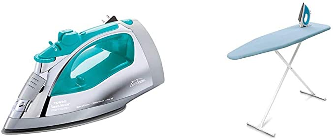Sunbeam Steammaster Steam Iron | 1400 Watt Large Stainless Steel Iron with Steam Control and Retractable Cord, Chrome/Teal & Homz T-Leg Steel Top Ironing Board with Foam Pad, Sky Blue Cover