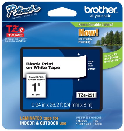 Brother P-touch ~1" (0.94") Black on White Standard Laminated Tape - 26.2 ft. (8m)