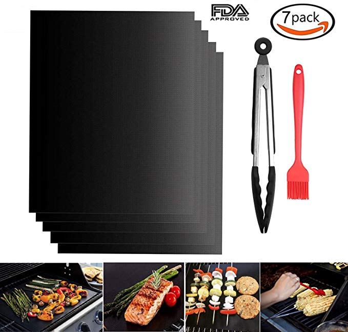 BBQ Grill Mat Set of 5, GoFriend Non-stick Barbecue Grill & Baking Mats for Baking on Gas, Charcoal, Oven and Electric Grills - Reusable, Heat Resistant and Easy to Clean Barbecue Sheets For Grilling Meat, Veggies, Seafood, FDA Approved - Free 12" BBQ Tongs and Silicone Brush