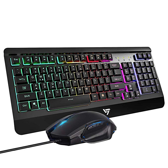 VicTsing Backlit Gaming Keyboard Mouse Combo with Adjustable Backlight, Resistant Keyboard with Ergonomic Wrist Rest, Programmable 6 Button Mouse for Windows PC Gamer - Black