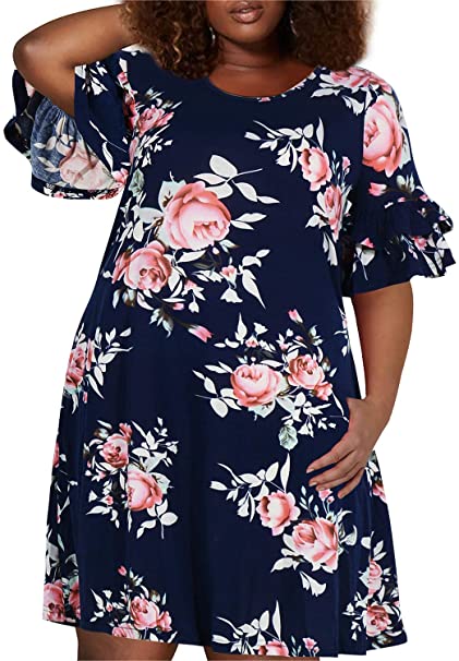 Nemidor Women's Ruffle Sleeve Jersey Knit Plus Size Casual Swing Dress with Pocket