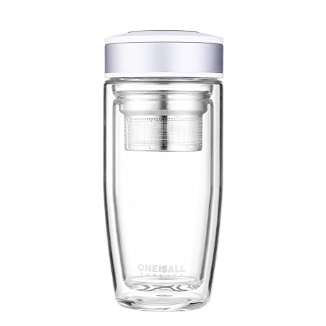 ONEISALL GYBL015 380ML Glass Drinking Water Bottle, Ultra Clear Spill-proof Strong Double-wall Borosilicate Glass Tea Tumbler with Strainer, 490G