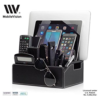 MobileVision Charging Station Faux Leather Executive Stand Multi Device Organizer w/ Extension Use w/ Apple iPhone/iPad, Samsung Galaxy, and Laptops