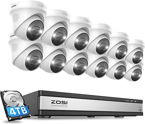 ZOSI 16CH 4K PoE Security Camera System, 12pcs 4K Outdoor Indoor PoE Cameras, Person Vehicle Detection, 2 Way Audio, Sound&Light Siren, Night Vision, 16Channel 8MP NVR with 4TB HDD for 24/7 Recording