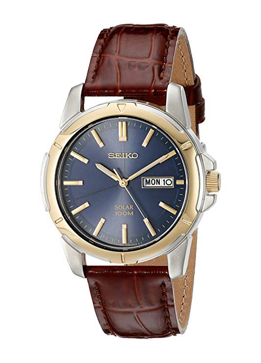 Seiko Men's Two-Tone Leather Strap Blue Dial Solar Watch