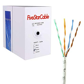 Five Star Cable Cat5e 1000 Ft 24AWG UTP 4 Twisted Pair Ethernet LAN Cable Wire Pull Box - White Color