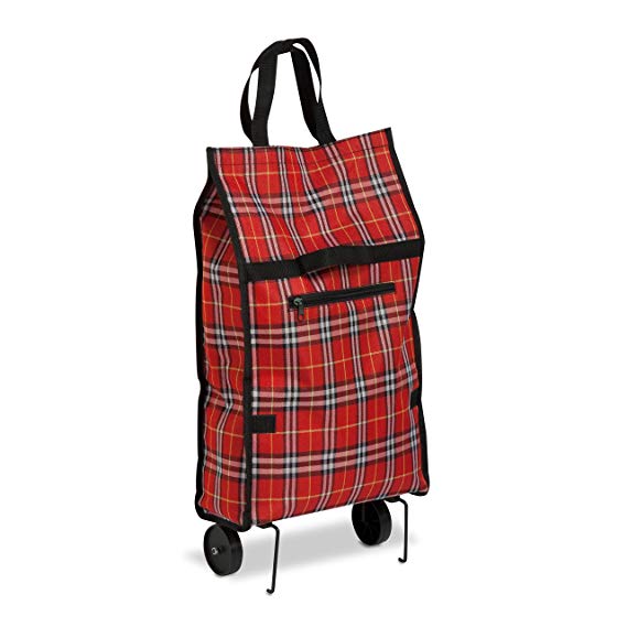 Honey-Can-Do CRT-02224 Fold-Up Fabric Rolling Bag Cart with Handles, Holds up to 40-Pounds, Plaid, 12.5L x 5.12W x 24.75H