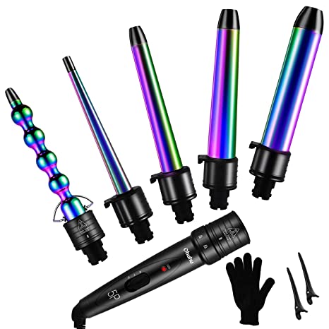 5 in 1 Curling Iron Wand Set, Ohuhu Upgrade Curling Wand With 5Pcs 0.35 to 1.25 Inch Interchangeable Ceramic Barrels and Heat Protective Glove, Rainbow Color, Mother's Day