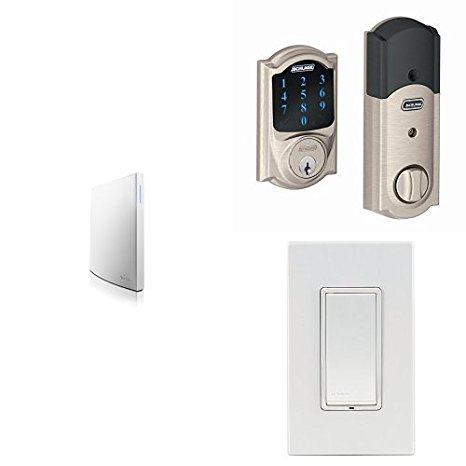 Wink Hub 2 with Schlage Connect BE469NX CAM 619 Touchscreen Deadbolt, Satin Nickel, and Leviton Z-Wave Switch