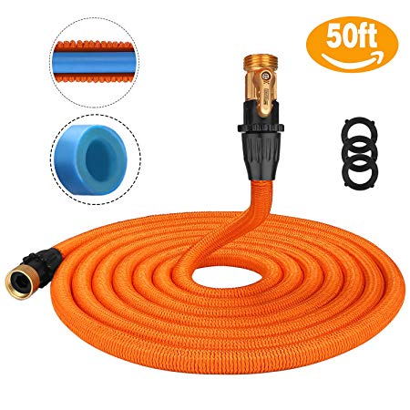 Tacklife 50ft Garden Hose, Innovative 2018 Leakproof Patent Connector Lightweight Expandable Water Hose, Durable Double Latex Core, Solid Brass Fittings, Free Net Bag, 3 Extra Rubber Gaskets - Orange