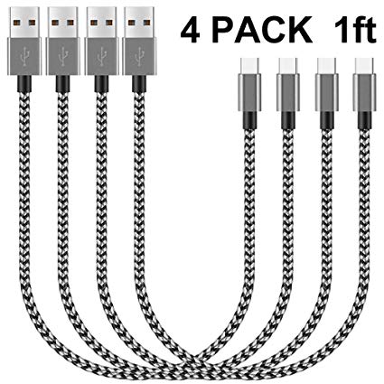 Short USB Type C Cable, USB C Cable 1ft 4Pack Braided USB C to USB A Charger Fast Charging Syncing Cords Compatible Samsung Galaxy S9 S8 Note 8,Nexus 6P,Google Pixel,LG G5 G6,OnePlus,Power Bank-Black