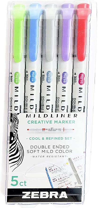 Zebra Pen Mildliner Double Ended Highlighter Set Broad and Fine Point Tips, 5 Pack, Assorted Cool and Refined - 1