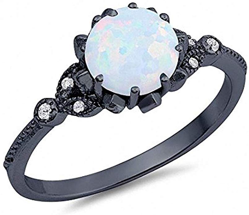 Blue Apple Co. Art Deco Design Fashion Ring Round Lab Created White Opal and CZ 925 Sterling Silver Choose Color