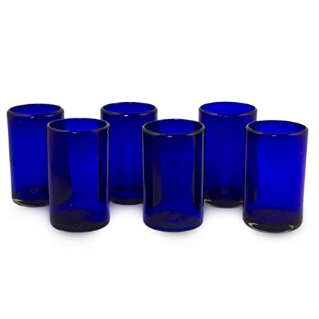 NOVICA Artisan Crafted Cobalt Blue Hand Blown Recycled Glass Cocktail Glasses, 14 oz, Solid Blue' (set of 6)