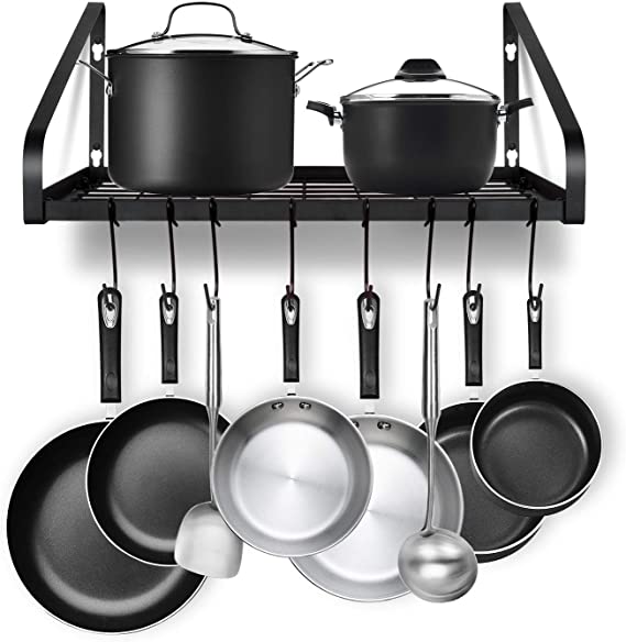 Pot Rack Wall Mounted, G-TING Pot and Pan Organizer Hanging Pot Rack Kitchen Cookware Wall Shelves Storage Pot Holder Pan Rack Hanger Organizer with 8 Hooks, Ideal for Pans Utensils Books Plant, Black