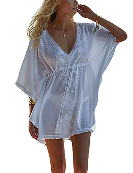 Bsubseach Women Embroidered Half/Long Sleeve Swimsuit Cover Up Mini Beach Dress