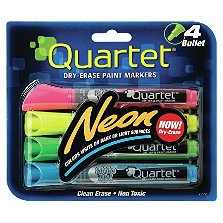 Quartet Dry Erase Markers, Bullet Tip, Glo-write, Neon, Assorted Colors, 4-PACK (79551)