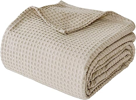 PHF 100% Cotton Waffle Weave Blanket Twin Size 66" x 90" - Pre-Washed Soft Lightweight Breathable Blanket for All Season - Perfect Blanket Layer for Couch Bed Sofa - Elegant Home Decoration - Khaki