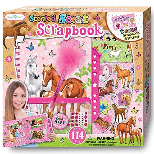 SmitCo LLC Scrapbook For Kids, Craft Kits For Girls In Pony Or Horse Theme, Gift Set Includes Scented Activity Kit With Lock, 3D Stickers, 24 Jewels, 1 Feather Pen, 1 Craft Tape, 1 Pencil Pouch