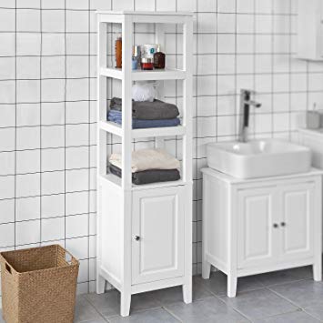 Haotian White Floor Standing Tall Bathroom Storage Cabinet with 3 Shelves and 1Door,Linen Tower Bath Cabinet, Cabinet with Shelf (FRG205-W)