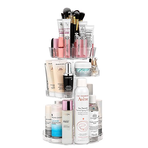 Jerrybox 360 Degree Rotating Makeup Organizer; Adjustable, Multi-Function Cosmetic Storage Box; Fits Different Types of Cosmetics and Accessories; Tower Model, Clear Transparent