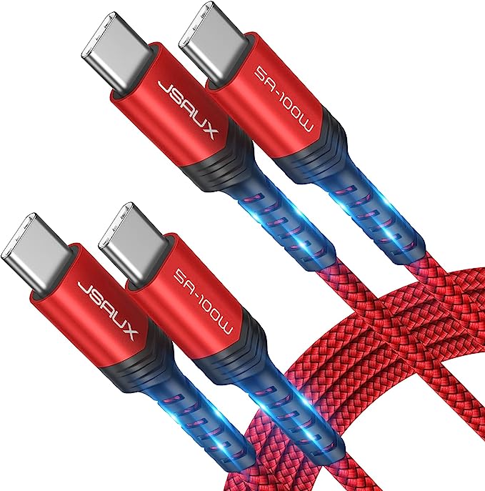 JSAUX USB C to USB C Cable 100W [2-Pack 3M 3M], QC 4.0/PD 5A USB Type-C Charger Fast Charging Cord Compatible MacBook Air/Pro, iPad Pro 12.9/iPad Air/Mini 6 Samsung Galaxy S22 A53 Pixel 7 Switch Red