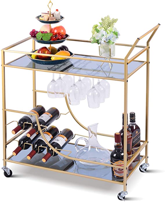 XCSOURCE Bar Carts,with 2 Curtain Wall Glass and 2 Storage Shelves,Metal Wine Cart with Glass and Bottle Holders, Serving Cart Equipped with Universal Wheel, for Kitchen, Living Room, Club, Gold