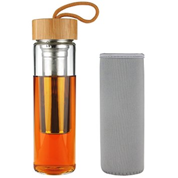 SHBRIFA Tea Tumbler Borosilcate Glass Water Bottle with Bamboo Lid 500 ml / 17 oz