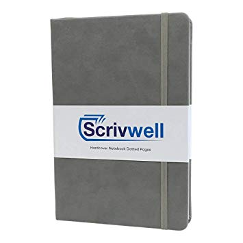 Scrivwell Dotted A5 Hardcover Notebook - 208 Dotted Pages with Elastic Band, Two Ribbon Page Markers, 120 GSM Paper, Pocket Folder - Great for Bullet journaling (Grey)
