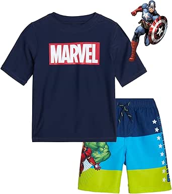 Marvel Avengers Boys’ Rash Guard Set – Spider-Man and Captain America – Kids’ UPF 50  Swim Shirt and Trunks for Boys (3T-12)