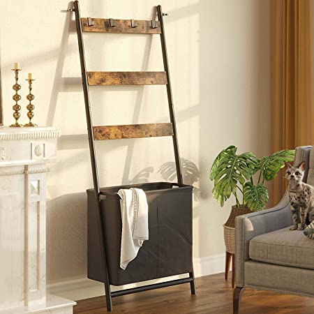 Rolanstar Ladder Shelf for Blanket, Wall-Leaning Blanket Rack with a Storage Basket and 4 Hanging Hooks, 3-Tier Farmhouse Leaning Shelf for Bathroom, Living Room,Rustic Brown