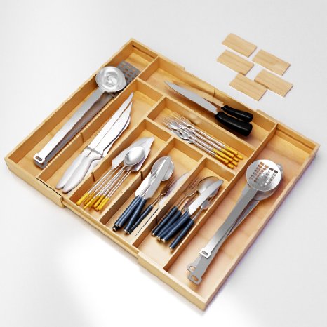 Best Silverware Kitchen Drawer Organizer -Expendable Bamboo Tray with Adjustable Dividers Eliminate Clutter-Great As a Flatware Utensil HolderKeurig K Cup Coffee Capsules Storage or Spice Rack