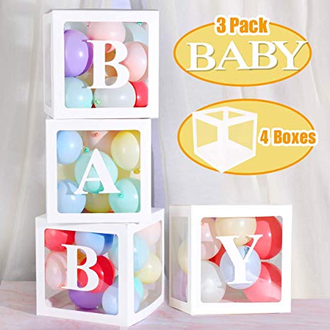 Baby Shower Decorations DIY Transparent Box Latex Balloon for Boy Girl Baby Shower Baby Birthday Party Decoration Backdrop 4 Pcs Baby Shower Boxes and 3 Pack Baby Stickers (White)