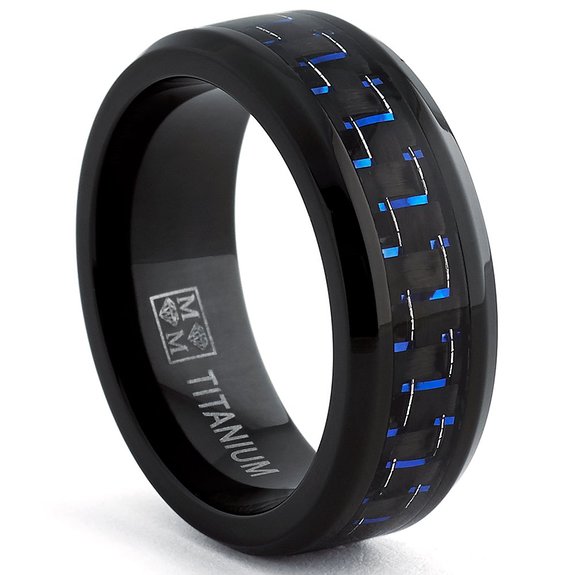 Black Titanium Wedding Band Ring with Black and Blue Carbon Fiber inlay Comfort fit 8mm Sizes 6 to 15