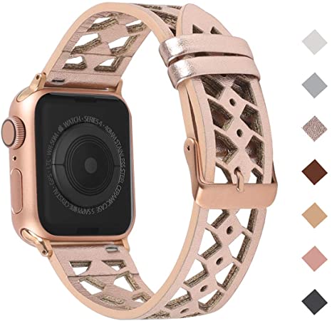 Moolia Leather band Compatible with Apple Watch Band 38mm 40mm for iWatch Series 5 4 3 2 1, Hollow-Carved Design Breathable Leather Strap for Women Girls Rose Gold