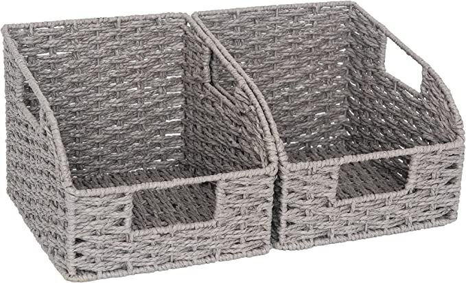 StorageWorks Round Paper Rope Storage Baskets with Built-in Handles, Hand Woven Baskets for Organizing, Gray, 8 ½"L x 9 ¾"W x 7 ½"H, 2-Pack