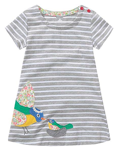 Fiream Girls Summer Applique Cotton Short Sleeves Casual Striped Dresses