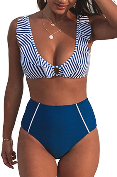 CUPSHE Women's Blue Striped Ruffles High Waisted Bikini