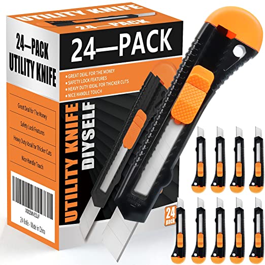 24Pack Utility Knife Retractable Box Cutter (18mm Wide Blade Cutter) Retractable, Compact, Extended Use for Heavy Duty Office, Home, Arts Crafts, Hobby