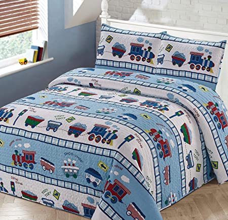 Better Home Style Red White and Blue Choo Choo Train Railroad Tracks Kids / Boys / Toddler Coverlet Bedspread Quilt Set with Pillowcases # Train (Twin)