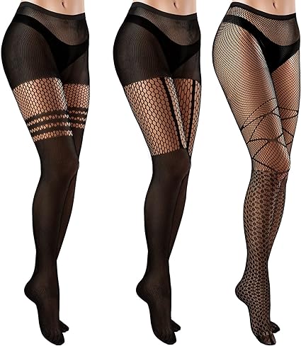 SATINIOR 3 Pairs Women's Fishnet High Waist Fishnet Patterned Tights Dark Fishnet Stockings Opaque Pantyhose for Women, Black