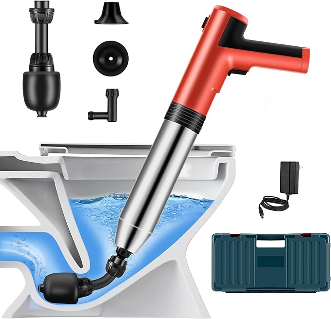 Electric Toilet Plunger ，Drain Clog Remover Tools,High Pressure Air Toilet Plungers Heavy Duty Plunger For Toilet,Bathroom,Floor Drain,Sewer,Pipe，built-in battery, RED…